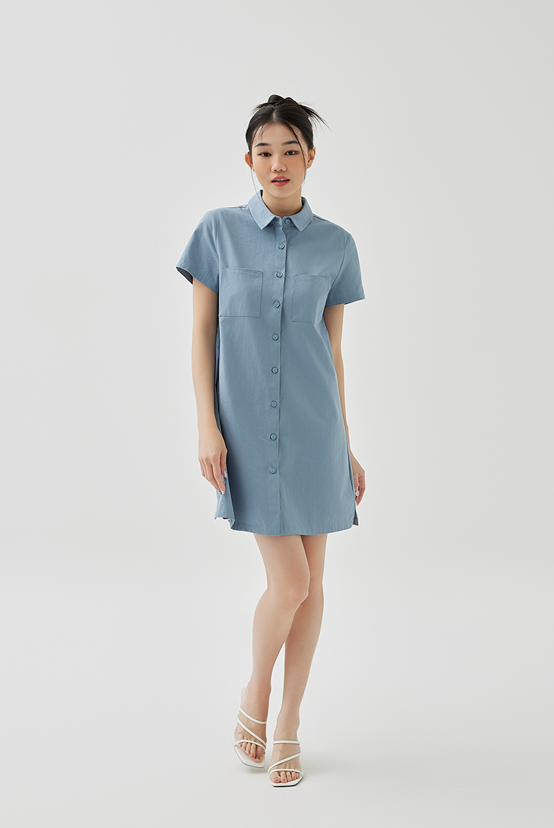Kira Collared Button Up Shirt Dress in Dusty Blue