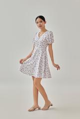 Lydia Floral Printed Puff Sleeves Dress in White