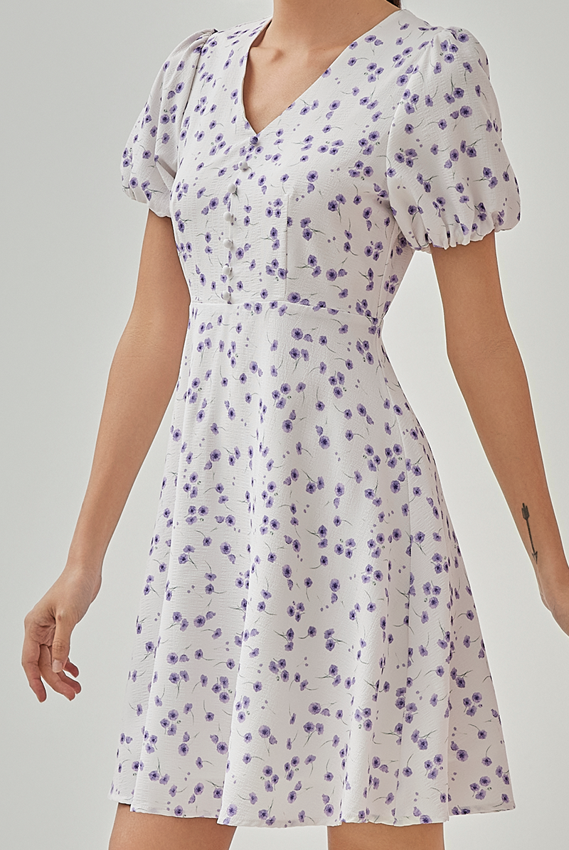 Lydia Floral Printed Puff Sleeves Dress in White