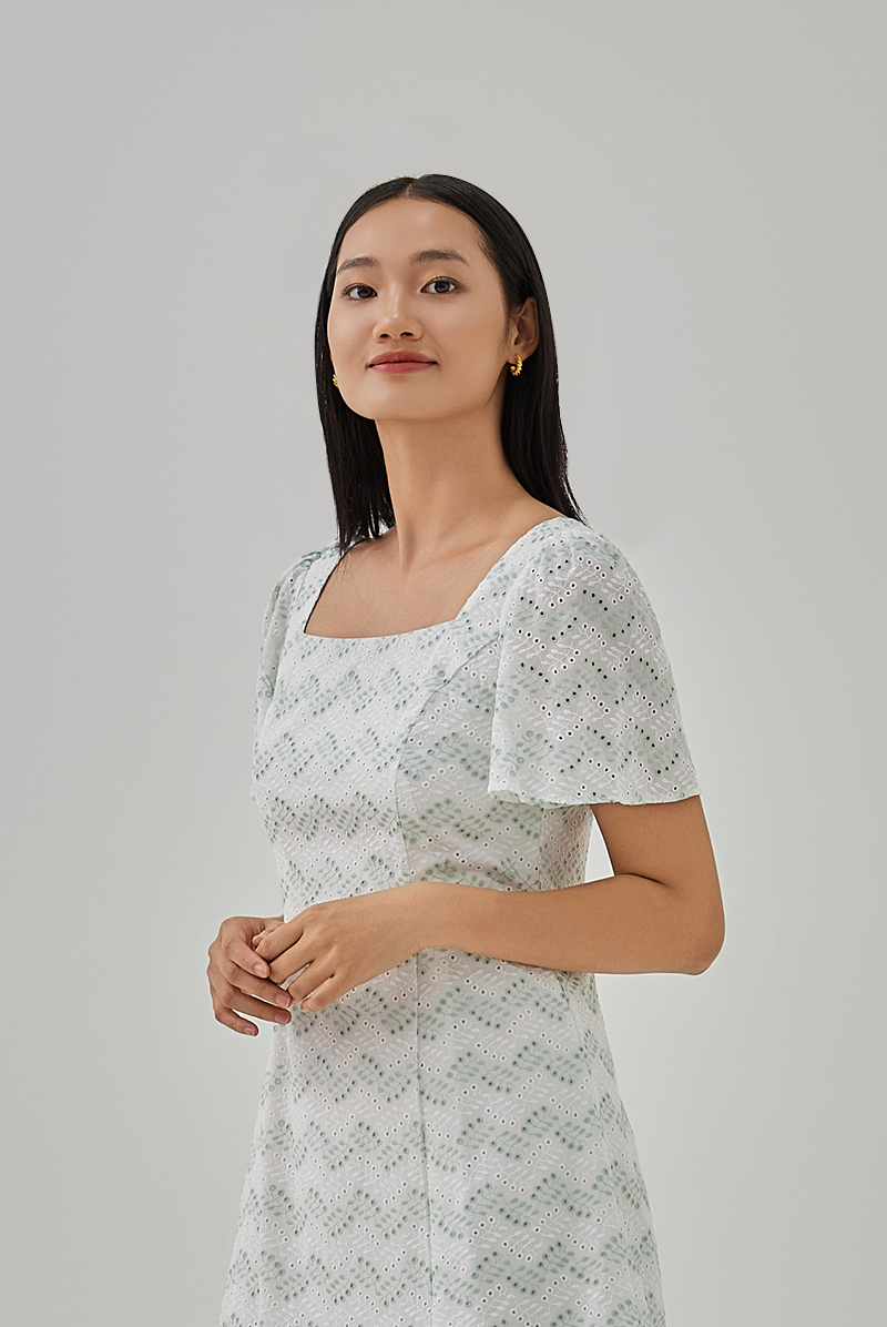 Nella Printed Flared Sleeves Dress in White