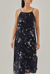 Geraldine Floral Slit Dress in Navy Blue