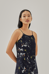 Geraldine Floral Slit Dress in Navy Blue