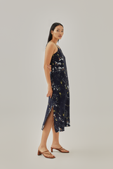Geraldine Floral Slit Dress in Navy Blue