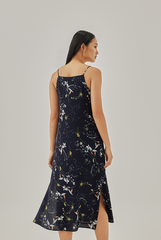 Geraldine Floral Slit Dress in Navy Blue