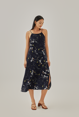 Geraldine Floral Slit Dress in Navy Blue