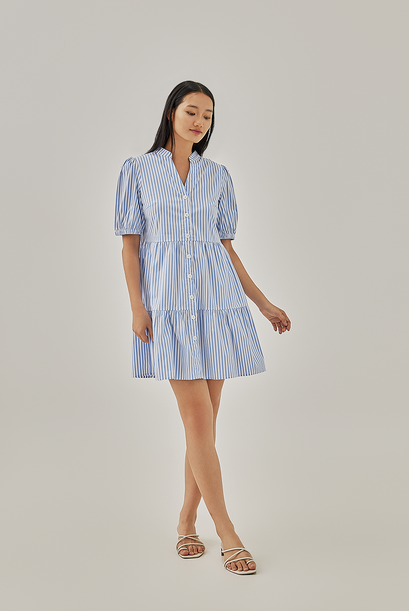 Hunny Striped Shirt Dress in Chambray Blue