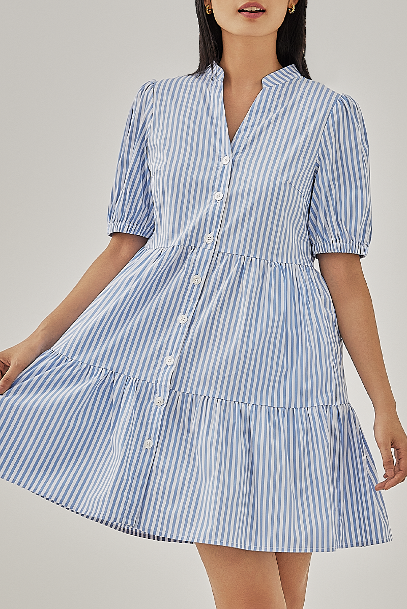 Hunny Striped Shirt Dress in Chambray Blue