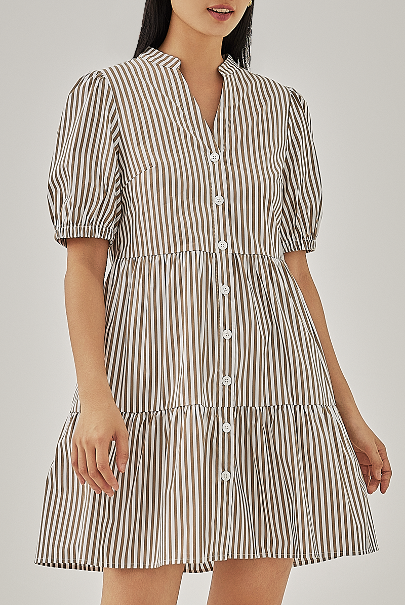 Hunny Striped Shirt Dress in Khaki