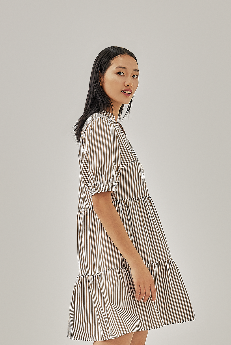 Hunny Striped Shirt Dress in Khaki