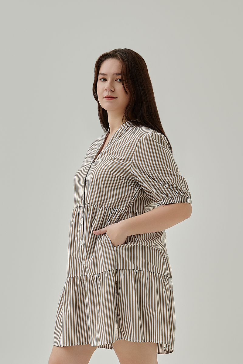 Hunny Striped Shirt Dress in Khaki XL