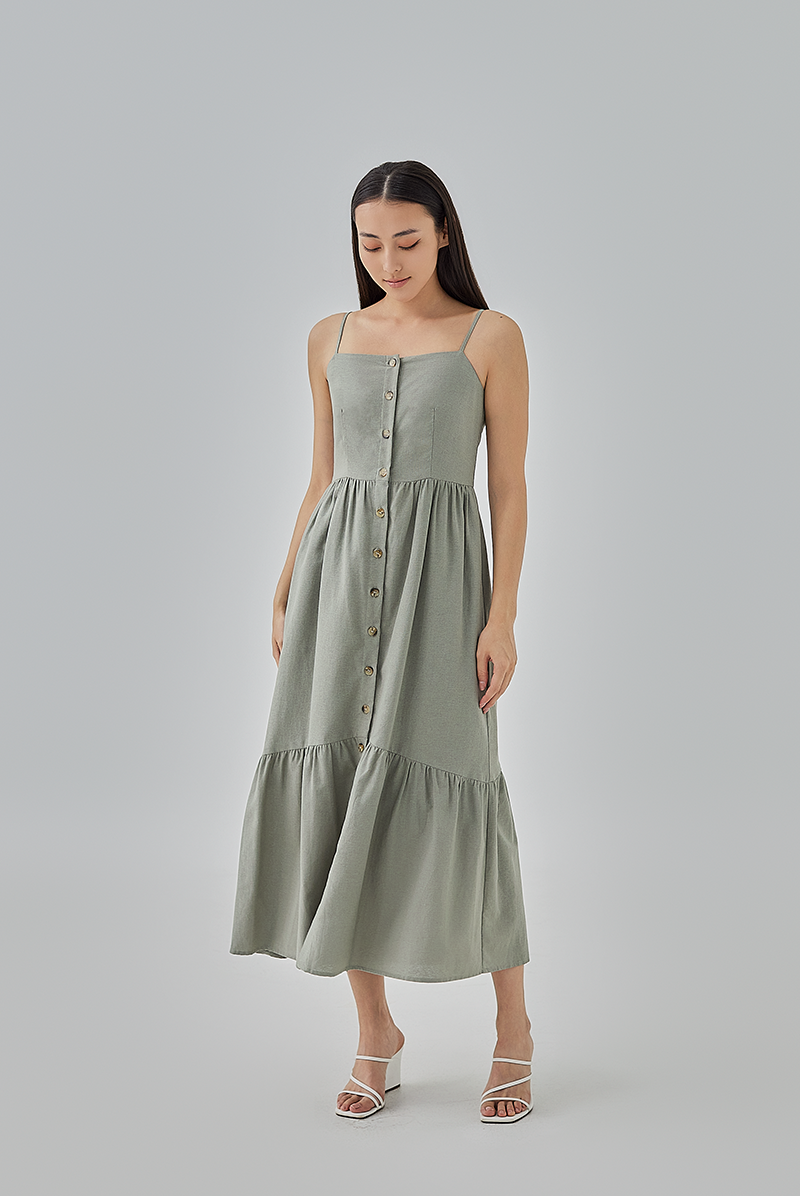 Aaleyah Button-Up Tiered Dress in Tea