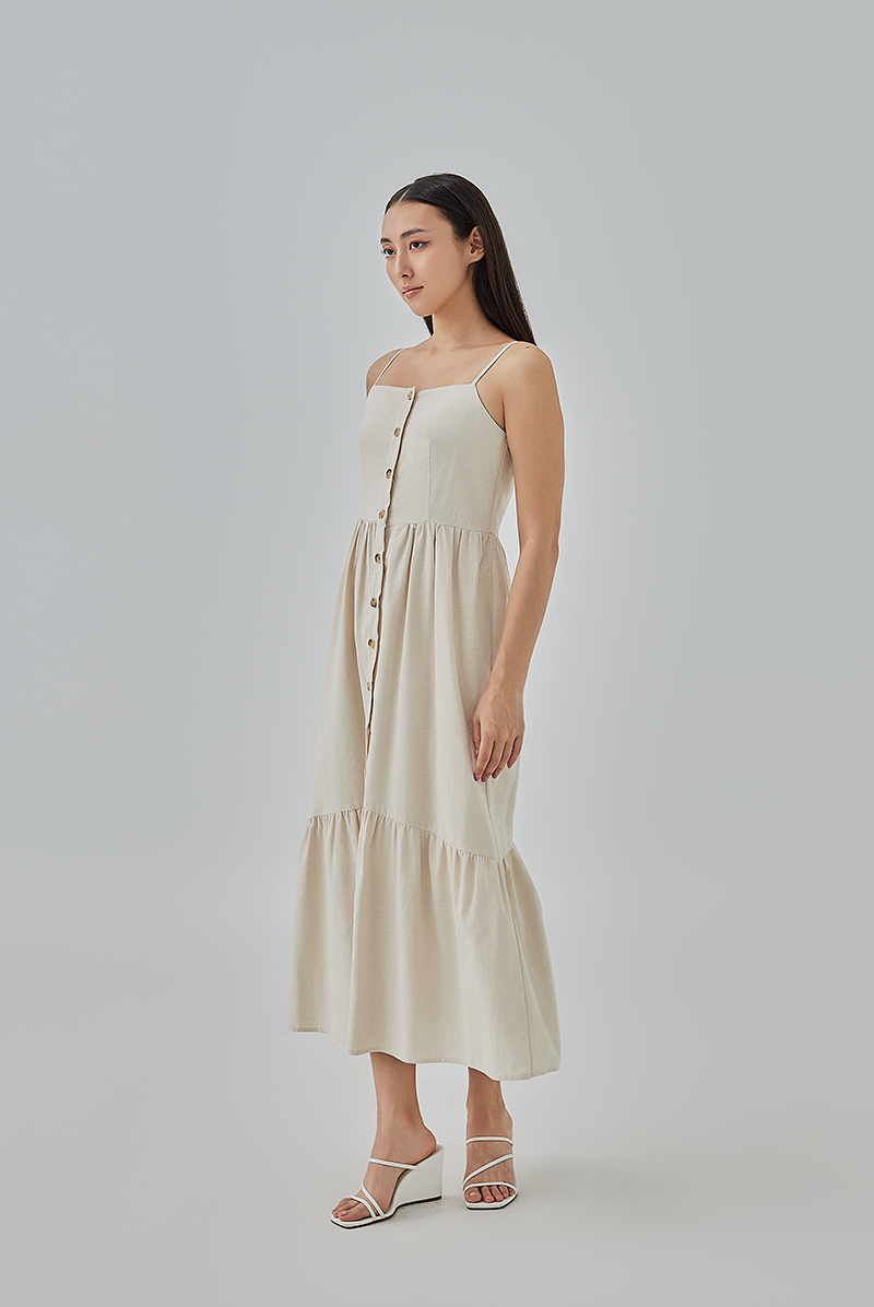 Aaleyah Button-Up Tiered Dress in Truffle