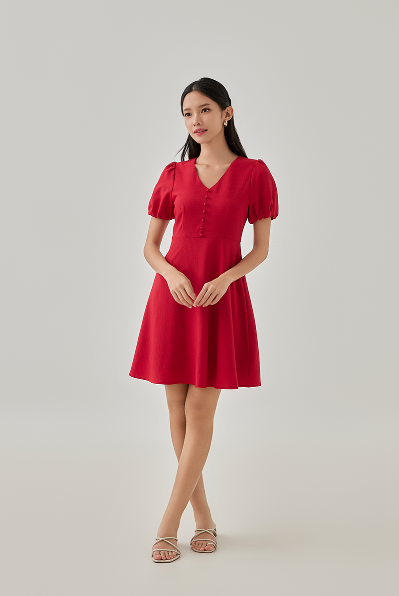 Eliza Puff Sleeves Textured Dress in Cherry