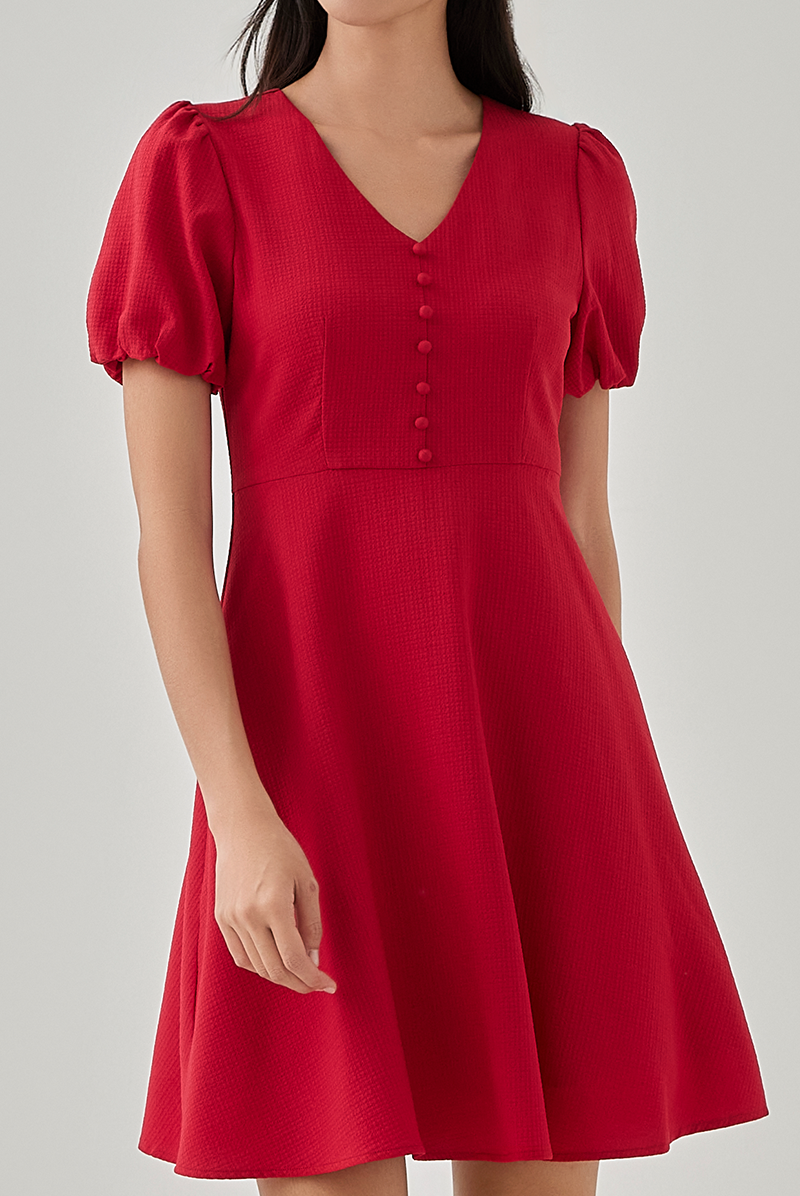 Eliza Puff Sleeves Textured Dress in Cherry