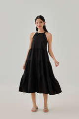 Eliza Sleeveless Tiered Textured Dress in Black