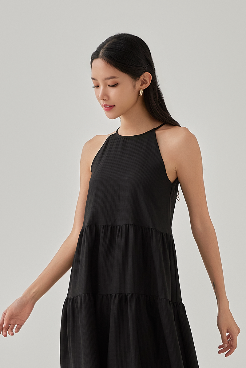 Eliza Sleeveless Tiered Textured Dress in Black