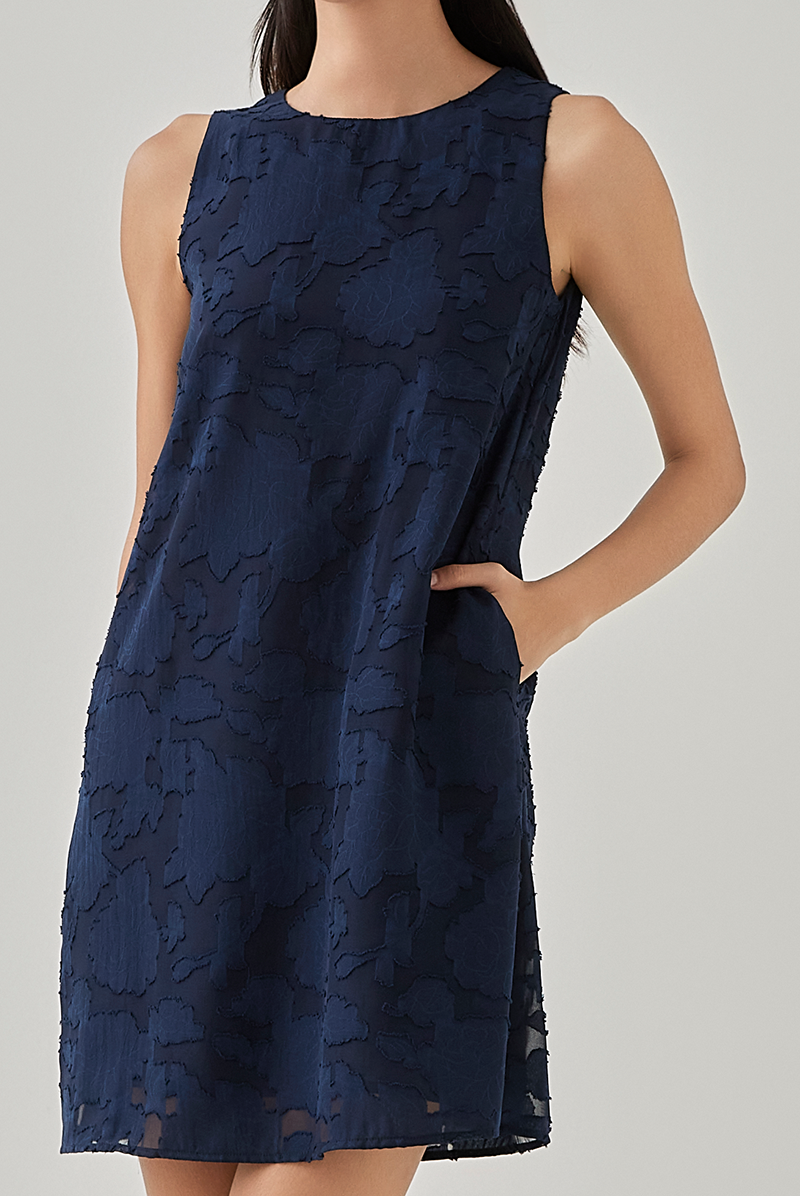 Joanna Sleeveless Floral Textured A-Line Dress in Navy Blue