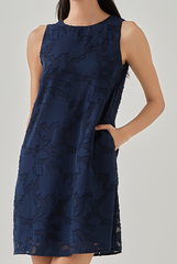 Joanna Sleeveless Floral Textured A-Line Dress in Navy Blue