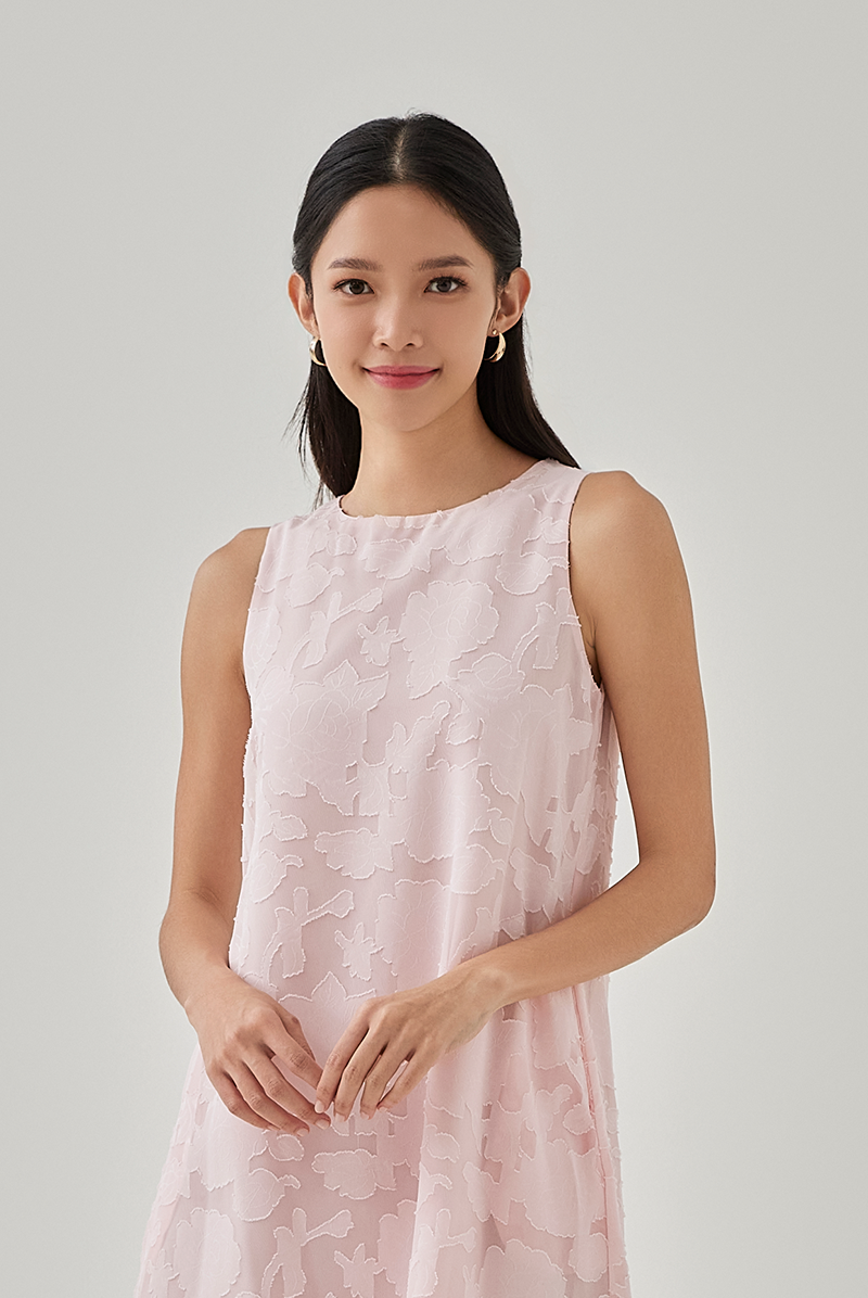 Joanna Sleeveless Floral Textured A-Line Dress in Pink