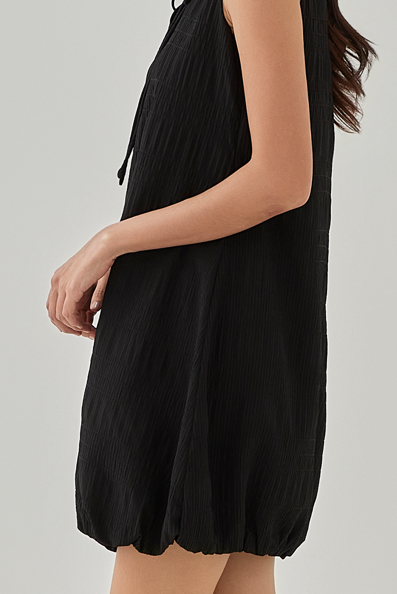 Sol Textured Self Tying Ribbon Bubble Dress in Black