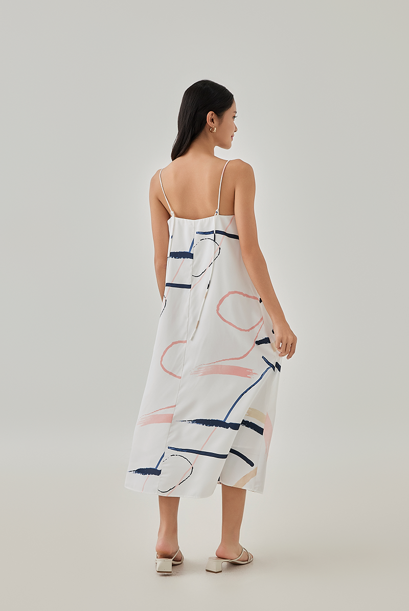 Adeline Printed Self Tying Straps Slip Dress in White