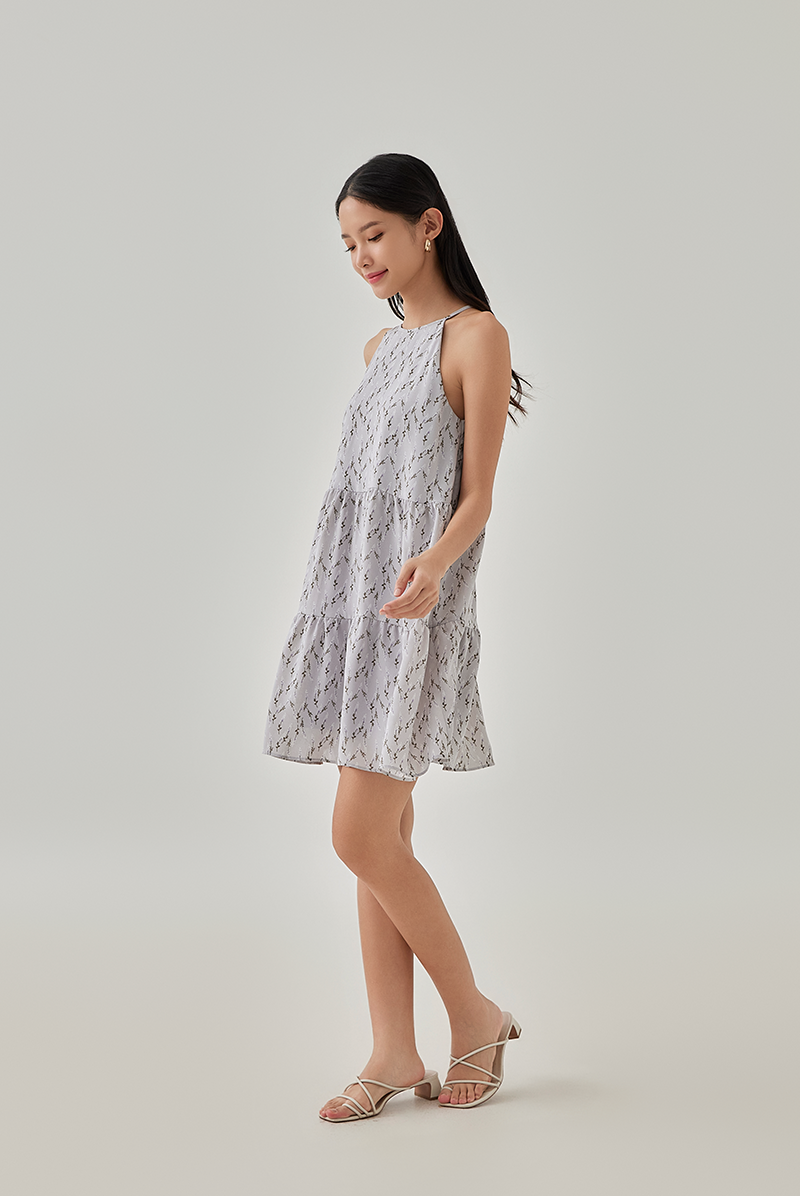 Sloane Printed Tiered Dress in Dusty Blue