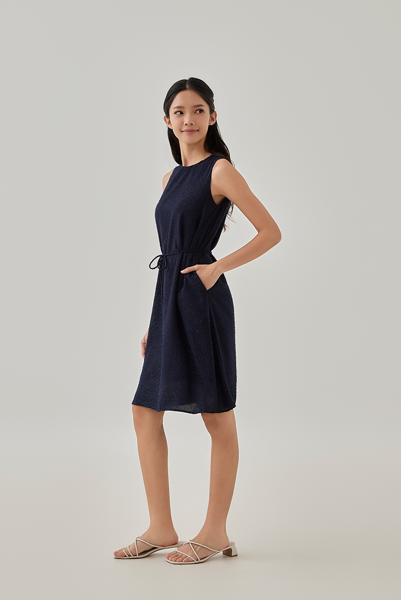Nova Textured Knee Length Dress in Navy Blue