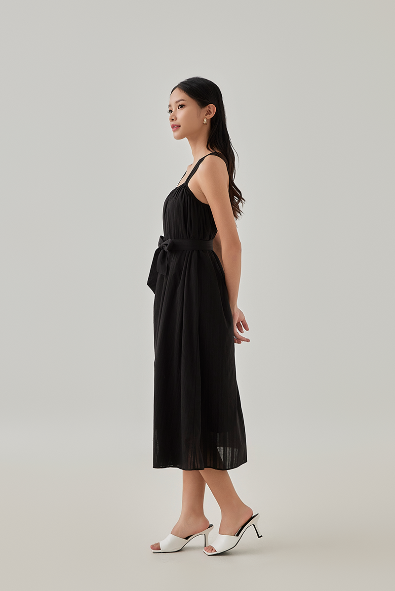 Yanet Elasticated Neckline Midi Dress in Black