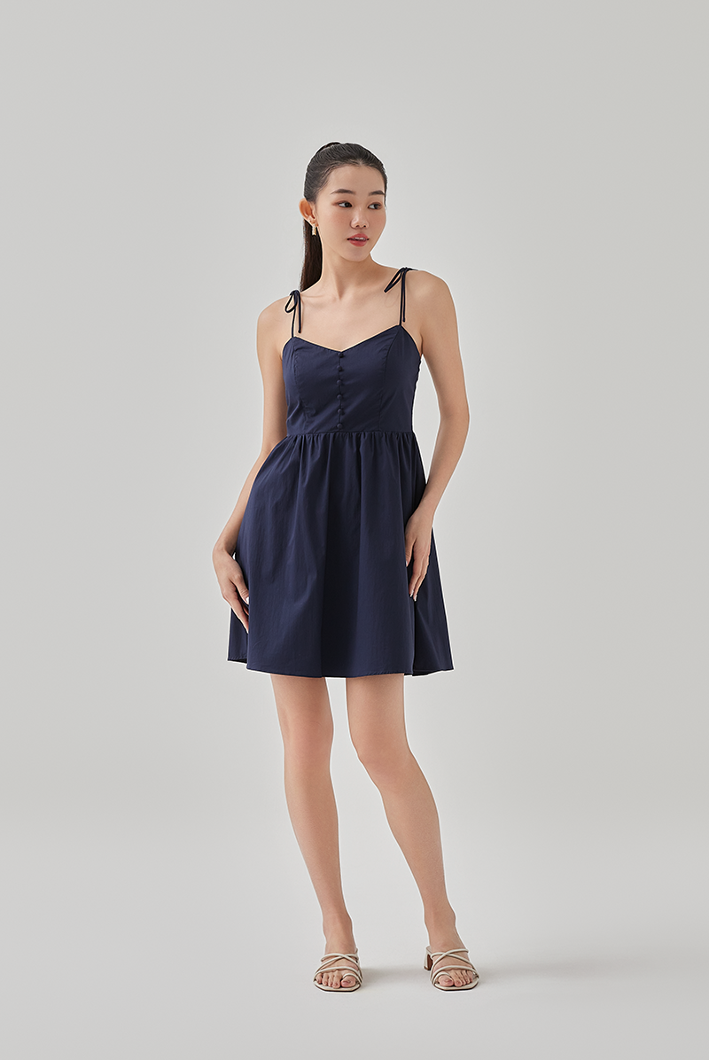 Fion Padded Self Tying Straps Dress in Navy Blue