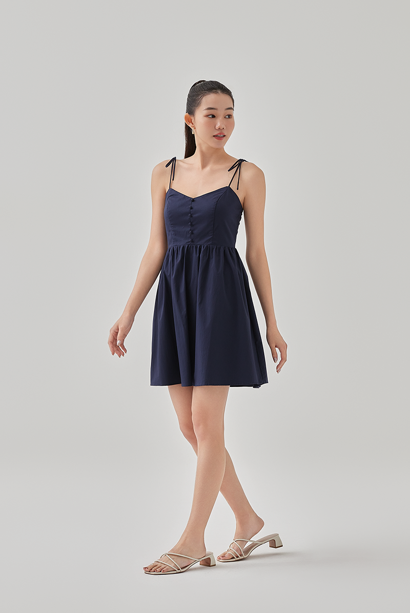 Fion Padded Self Tying Straps Dress in Navy Blue