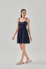 Fion Padded Self Tying Straps Dress in Navy Blue