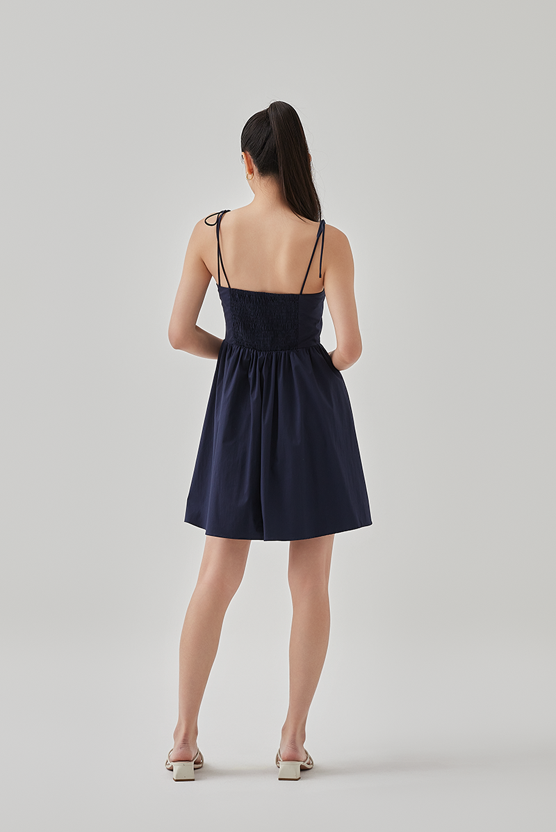 Fion Padded Self Tying Straps Dress in Navy Blue
