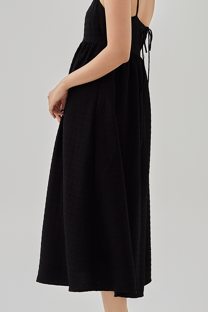 Cecilia Textured Babydoll Midi Dress in Black