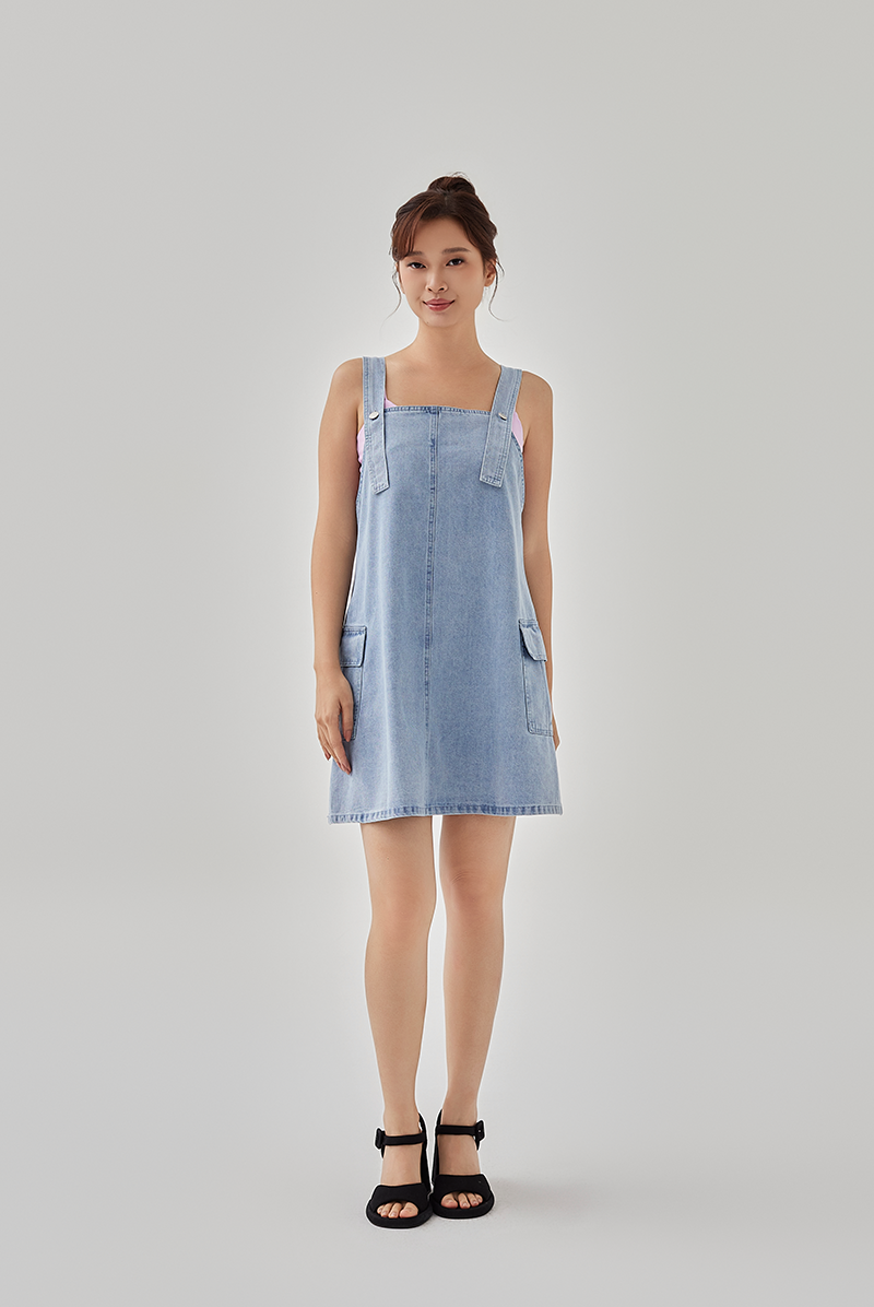 Izzie Denim Pinafore Dress in Denim Blue 