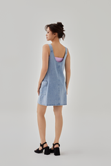 Izzie Denim Pinafore Dress in Denim Blue
