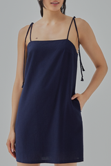 Celia Braided Self-Tie Straps Mini Dress in  Navy Blue