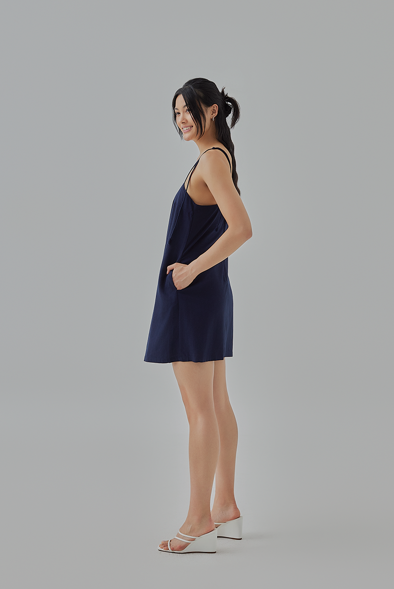 Celia Braided Self-Tie Straps Mini Dress in  Navy Blue