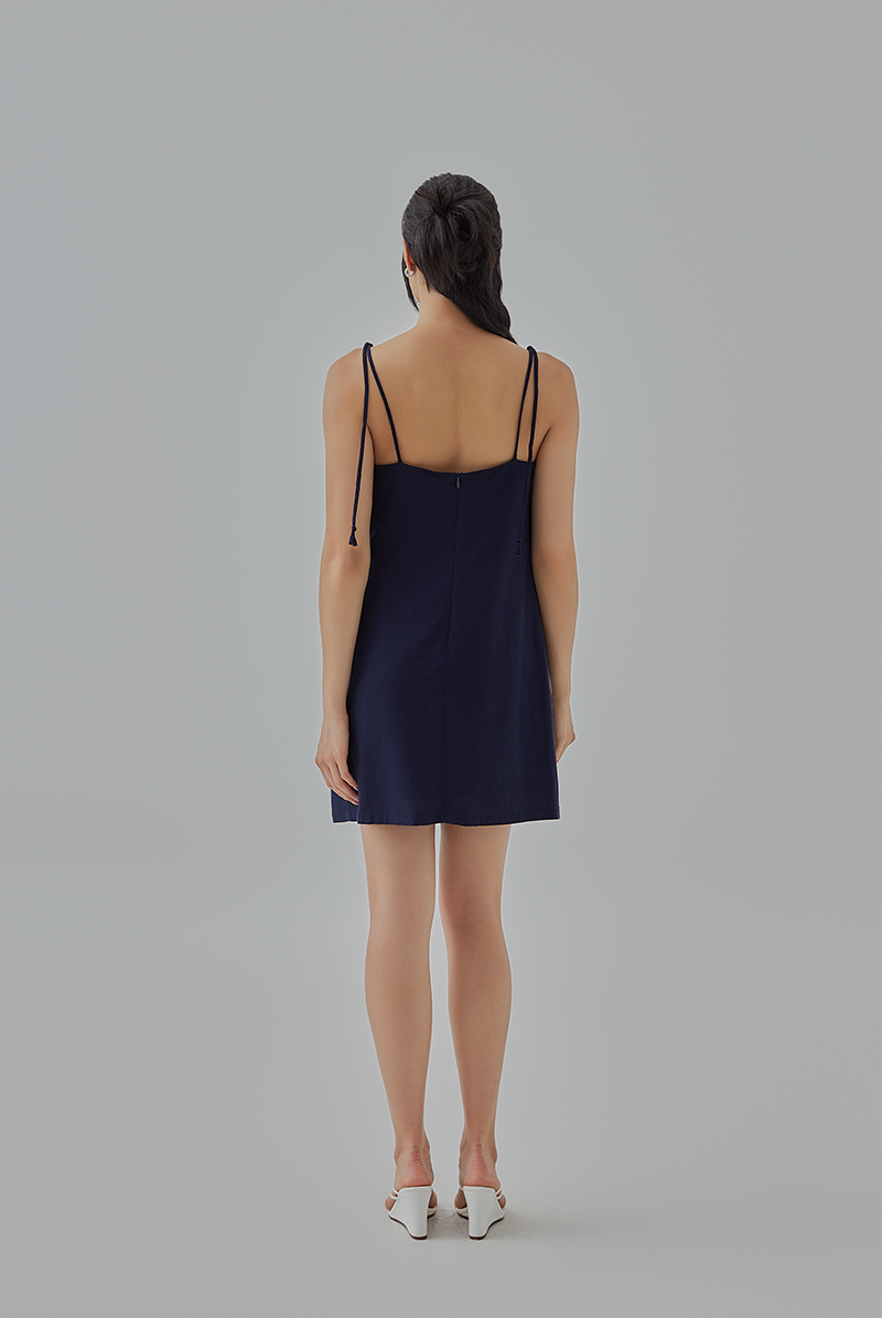 Celia Braided Self-Tie Straps Mini Dress in  Navy Blue