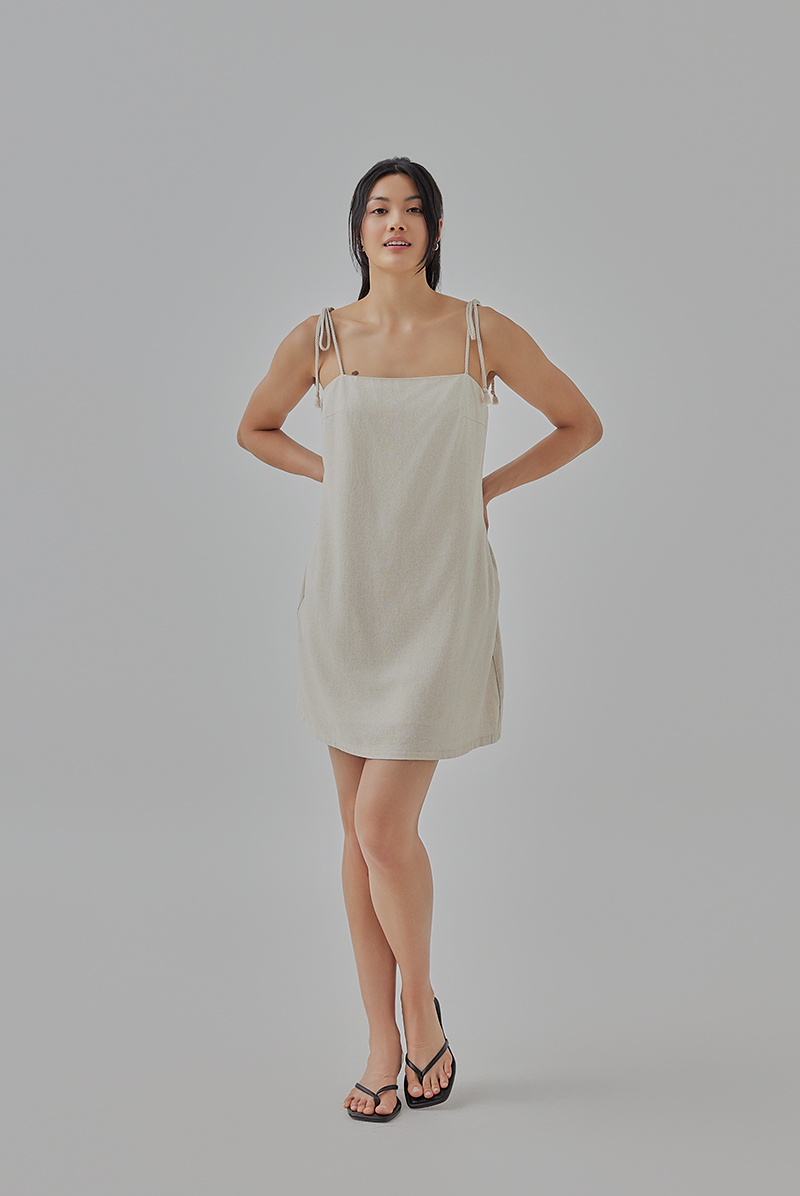 Celia Braided Self-Tie Straps Mini Dress in Oat