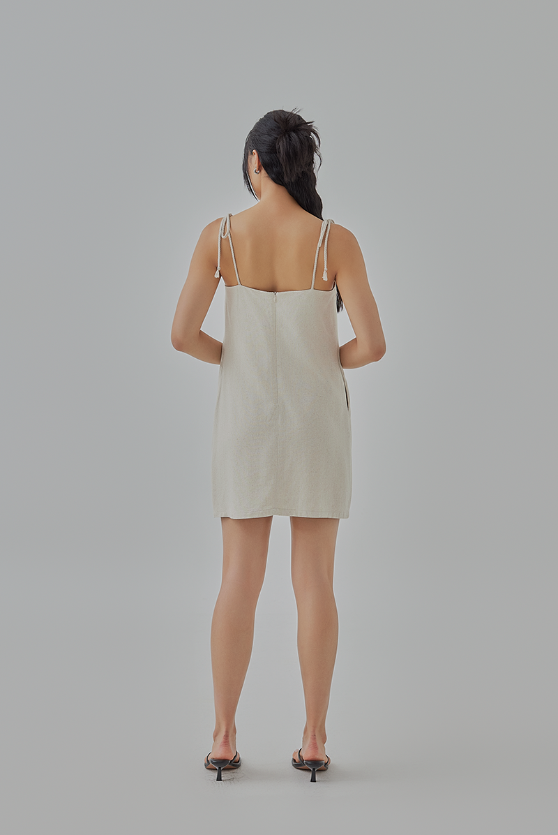 Celia Braided Self-Tie Straps Mini Dress in Oat