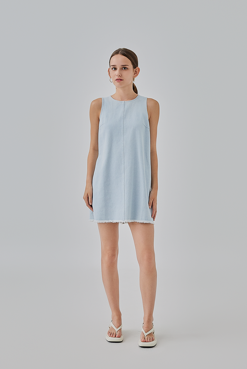 Petra Frayed Denim Dress in Light Blue