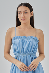 Elliana Elastic Waist Babydoll Dress in Denim Blue
