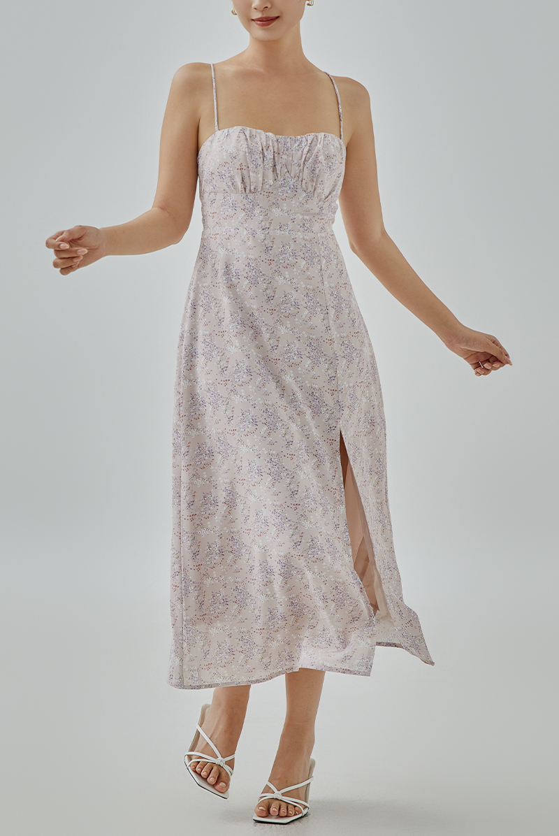 Hallie Floral Printed Ruched Bust Midi Dress