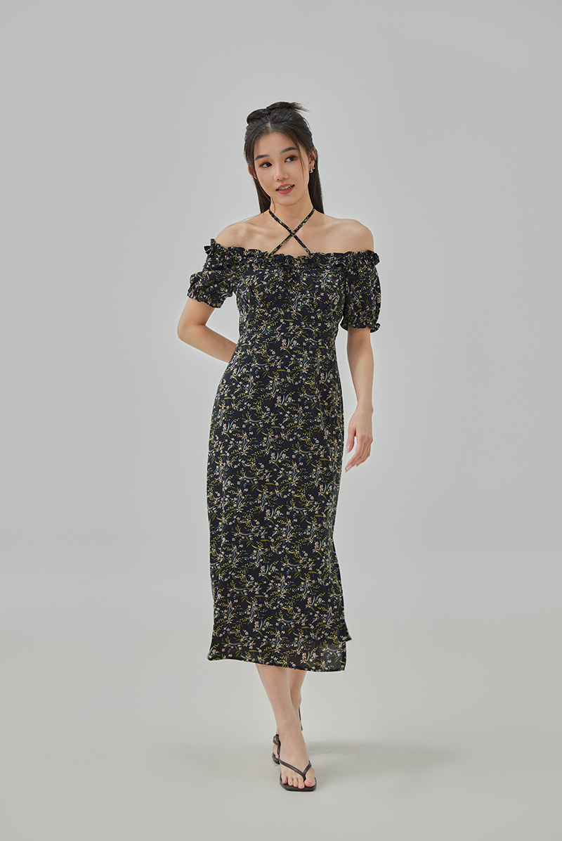 Lynie Ruffled Neck Floral Printed Midi Dress