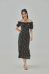 Lynie Ruffled Neck Floral Printed Midi Dress