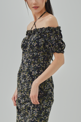 Lynie Ruffled Neck Floral Printed Midi Dress