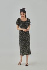 Lynie Ruffled Neck Floral Printed Midi Dress