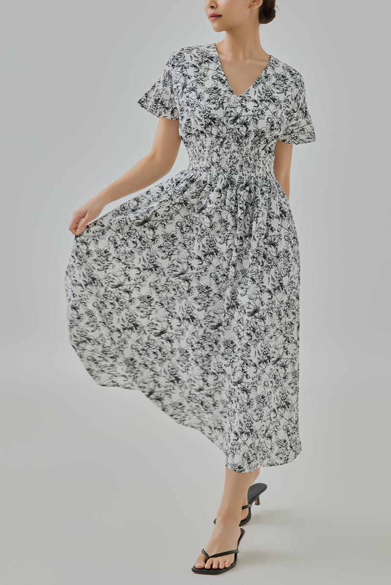 Dina Floral Printed Smocked Dress