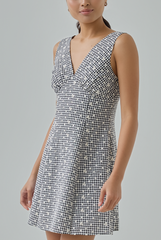 Luna Padded Floral Embroidered Checkered Mini Dress