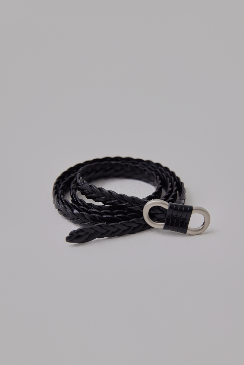 Thin Braided Leather Belt in Black